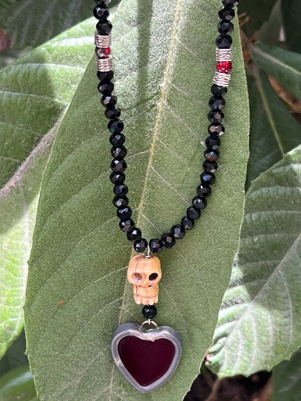 Handcrafted Black Crystal Bead Necklace with Red Steampunk Heart Pendant & Skull